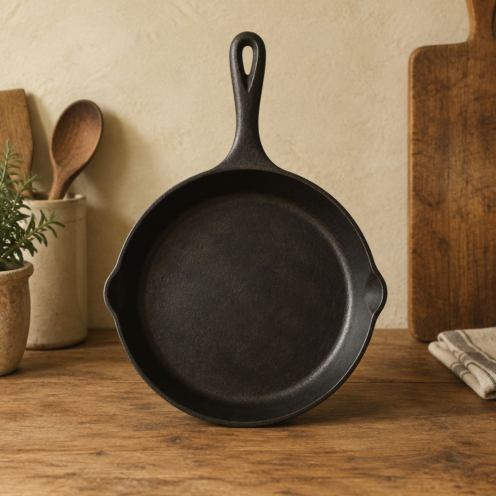 Cast iron skillet in warm vintage kitchen styling