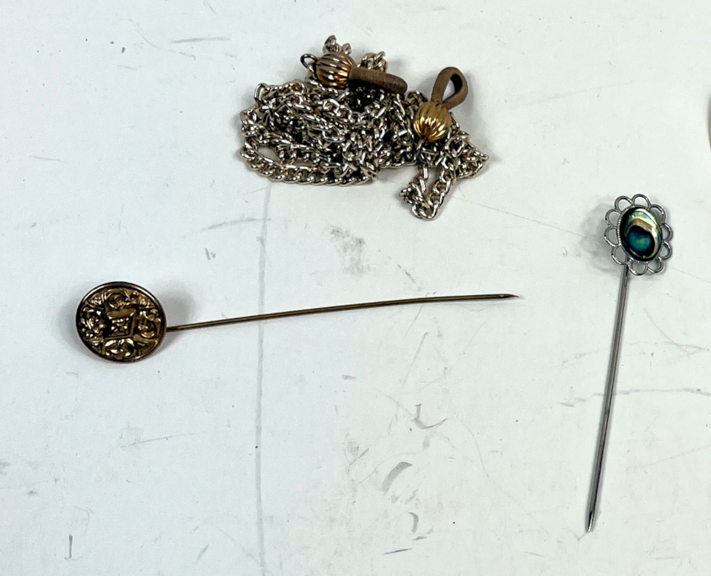 Vintage Stickpin & Hatpin Collection with Watch Chain – 8-Piece Estate Lot