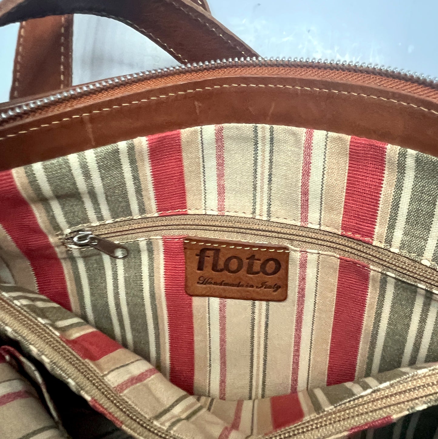 Floto Handmade Italy Brown Leather Tote Shoulder Bag Striped Lining Buckle Zip