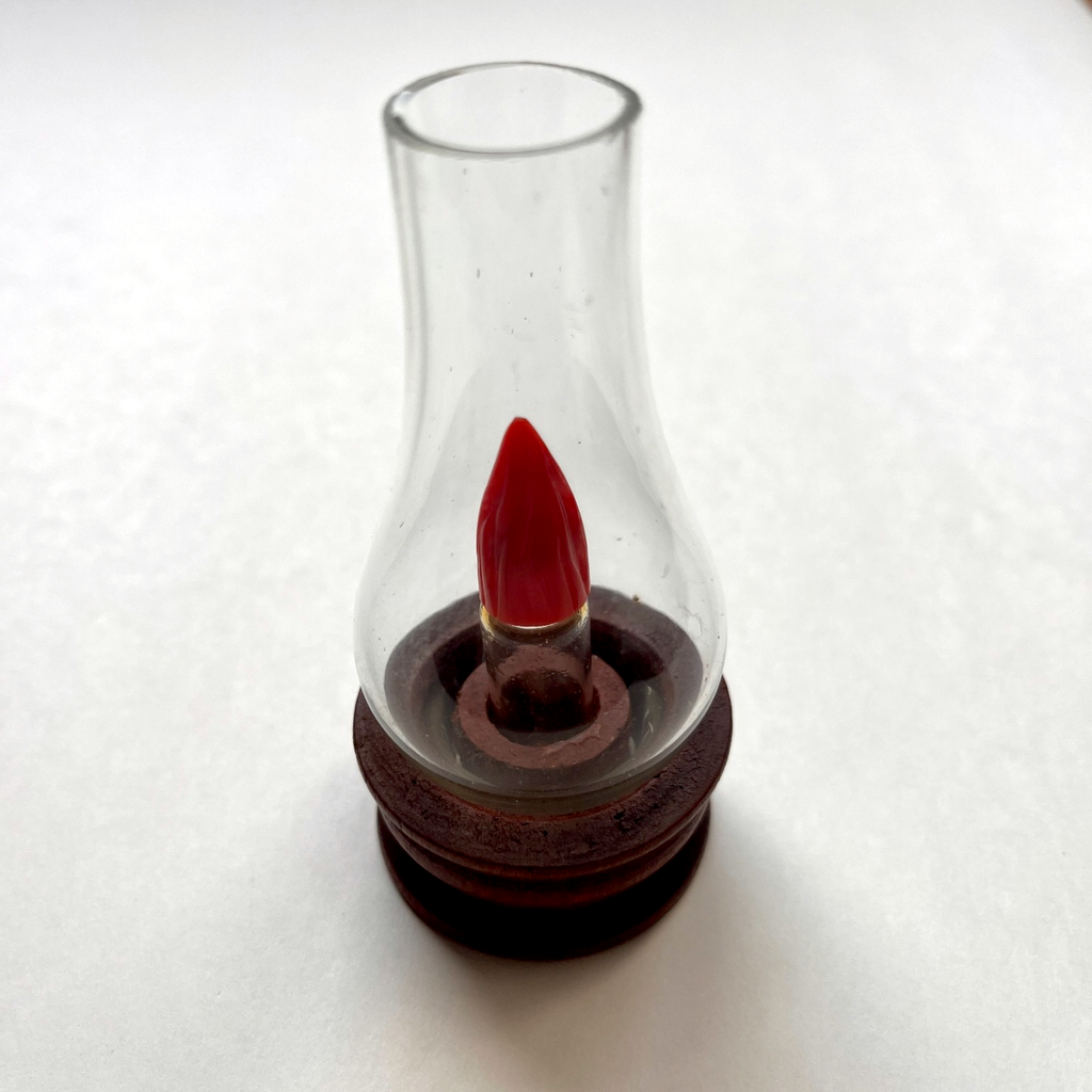 Vintage Oil Lamp Shaped Perfume Bottle – Glass & Wood – Unique Collectible
