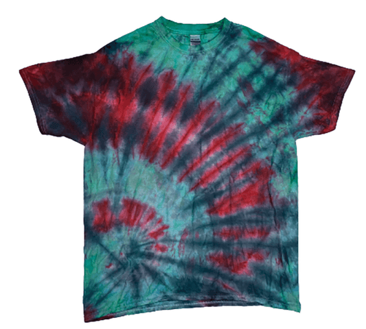 Hand-Dyed Earthy Spiral Tee — Green, Red & Charcoal | DC Dyes