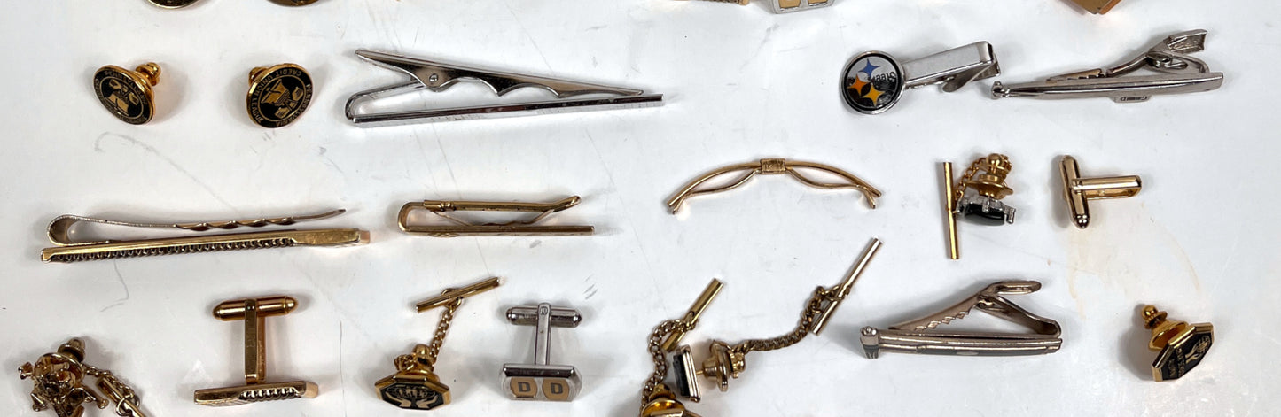 Vintage Mens Estate Jewelry Lot - 40+ Pcs Cufflinks, Tie Bars, Pins, Steelers