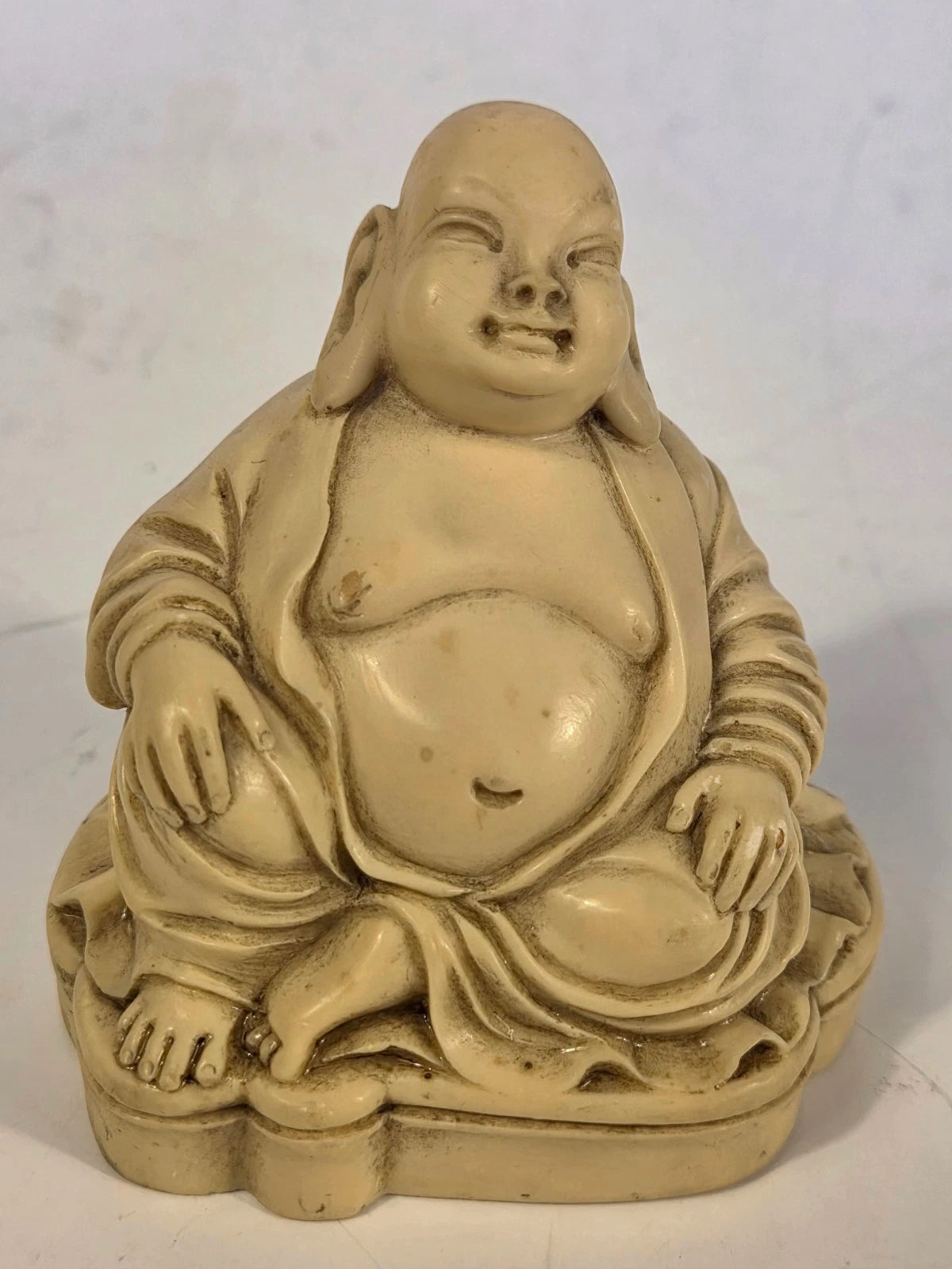 Vintage Laughing Buddha Statue Figurine Budai Asian Decor Cream Finish