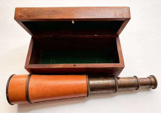 Vintage Brass & Leather Telescope - Decorative Nautical Piece with Wood Case