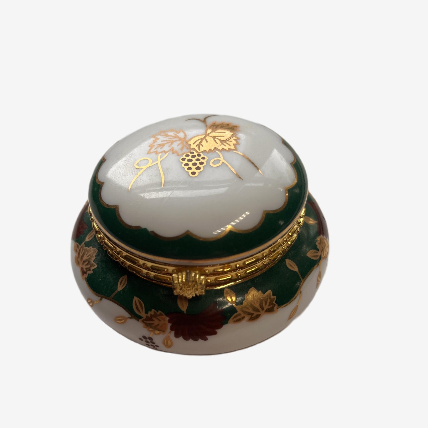 Vintage Porcelain Trinket Box – Green, White & Gold Gilt Grape Motif, Hinged Lid