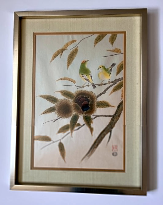 Vintage Japanese Woodblock Print Framed “Kinglet & Chestnut” Shizuo Ashikaga Uchida Kyoto