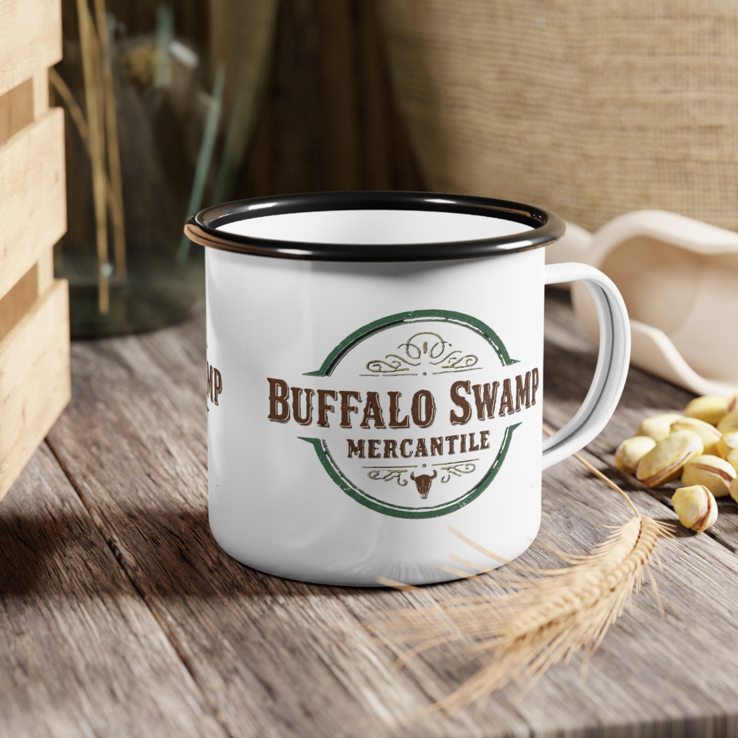 Buffalo Swamp Mercantile Enamel Camp Cup — Rustic Outdoor Coffee Mug