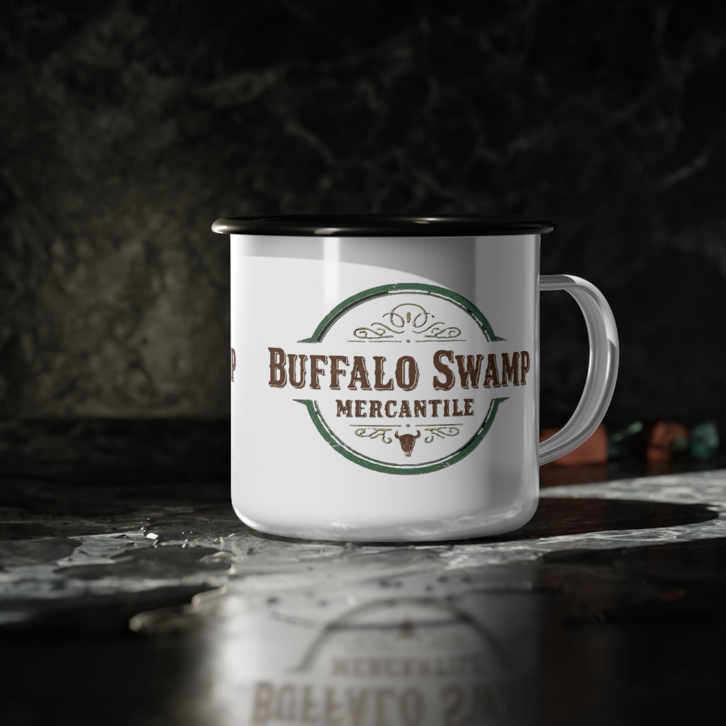 Buffalo Swamp Mercantile Enamel Camp Cup — Rustic Outdoor Coffee Mug