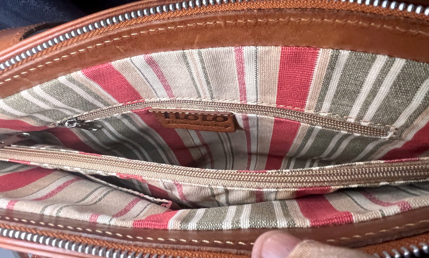 Floto Handmade Italy Brown Leather Tote Shoulder Bag Striped Lining Buckle Zip