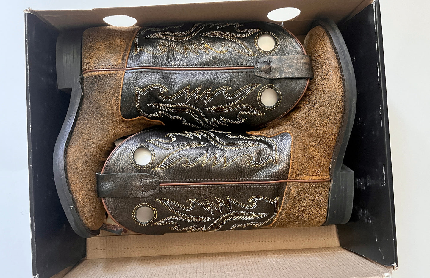 Old West Youth Boys Cowboy Boots BSY1878 Brown Leather Square Toe Size 5 EUC