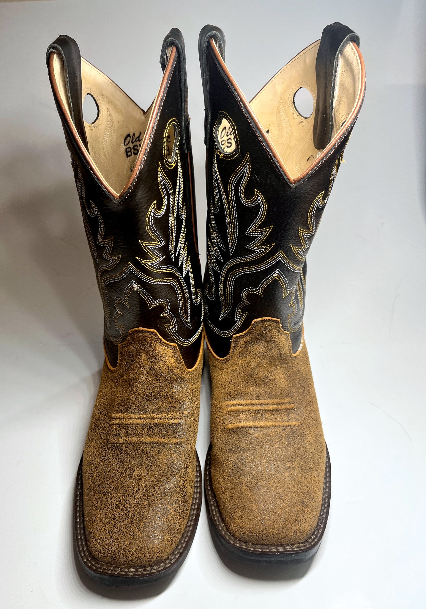 Old West Youth Boys Cowboy Boots BSY1878 Brown Leather Square Toe Size 5 EUC