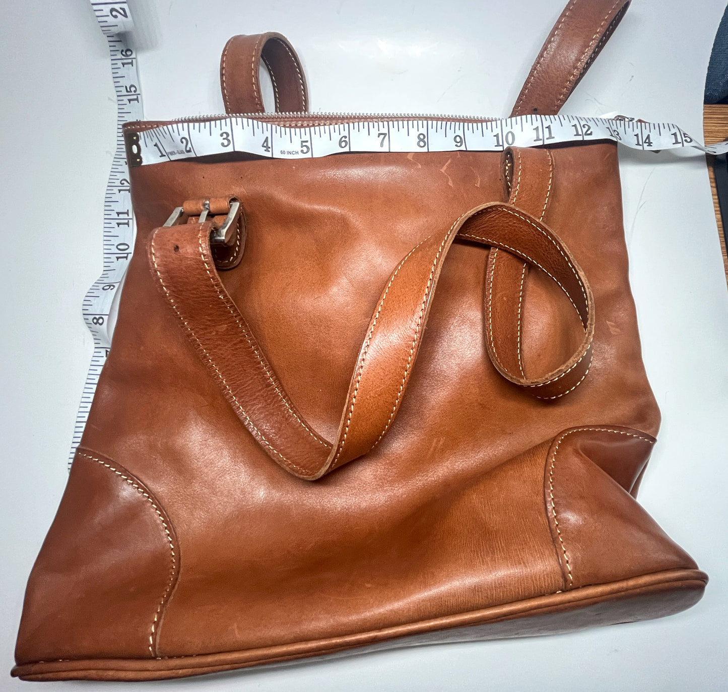 Floto Handmade Italy Brown Leather Tote Shoulder Bag Striped Lining Buckle Zip
