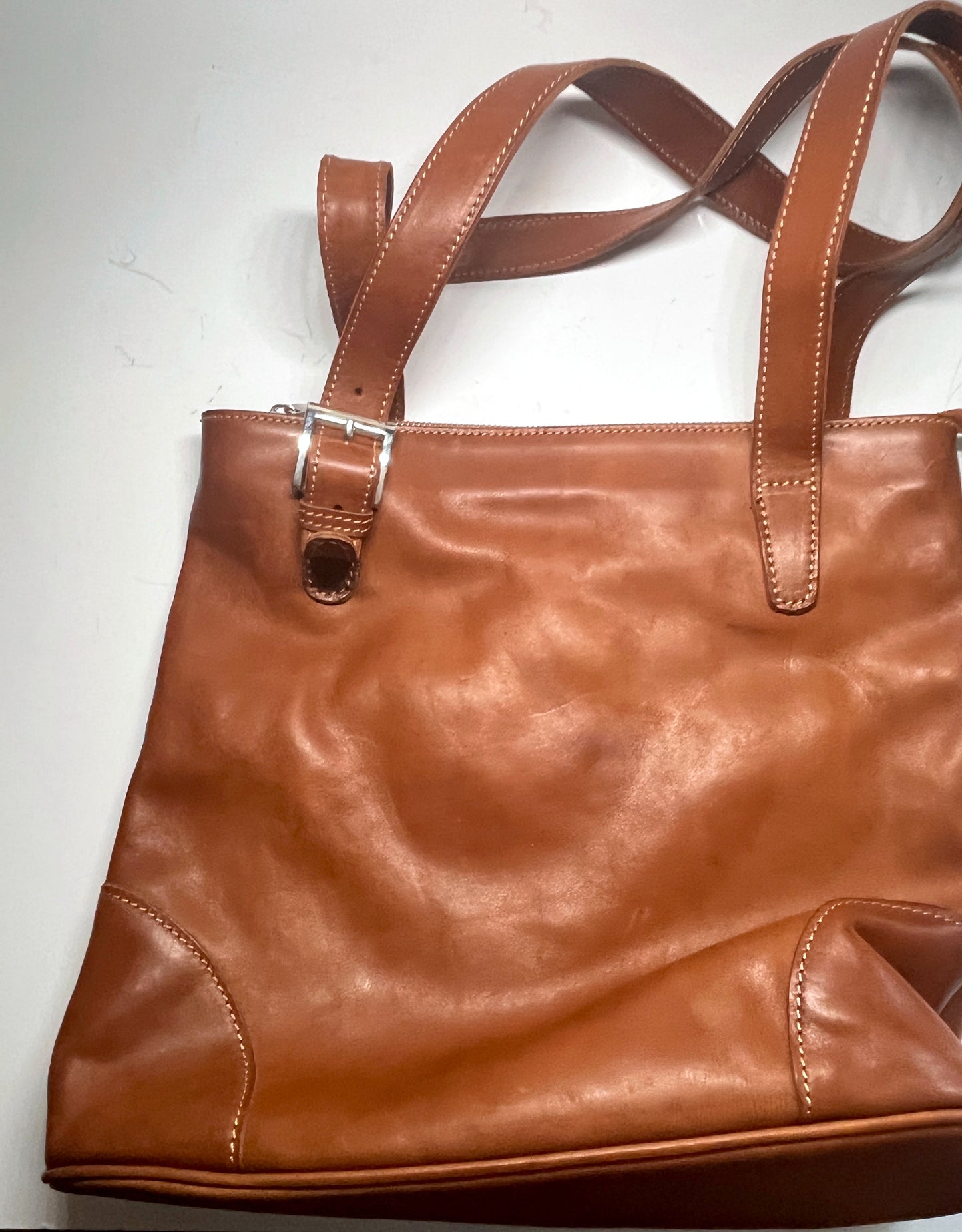 Floto Handmade Italy Brown Leather Tote Shoulder Bag Striped Lining Buckle Zip