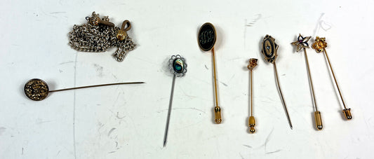 Vintage Stickpin & Hatpin Collection with Watch Chain – 8-Piece Estate Lot