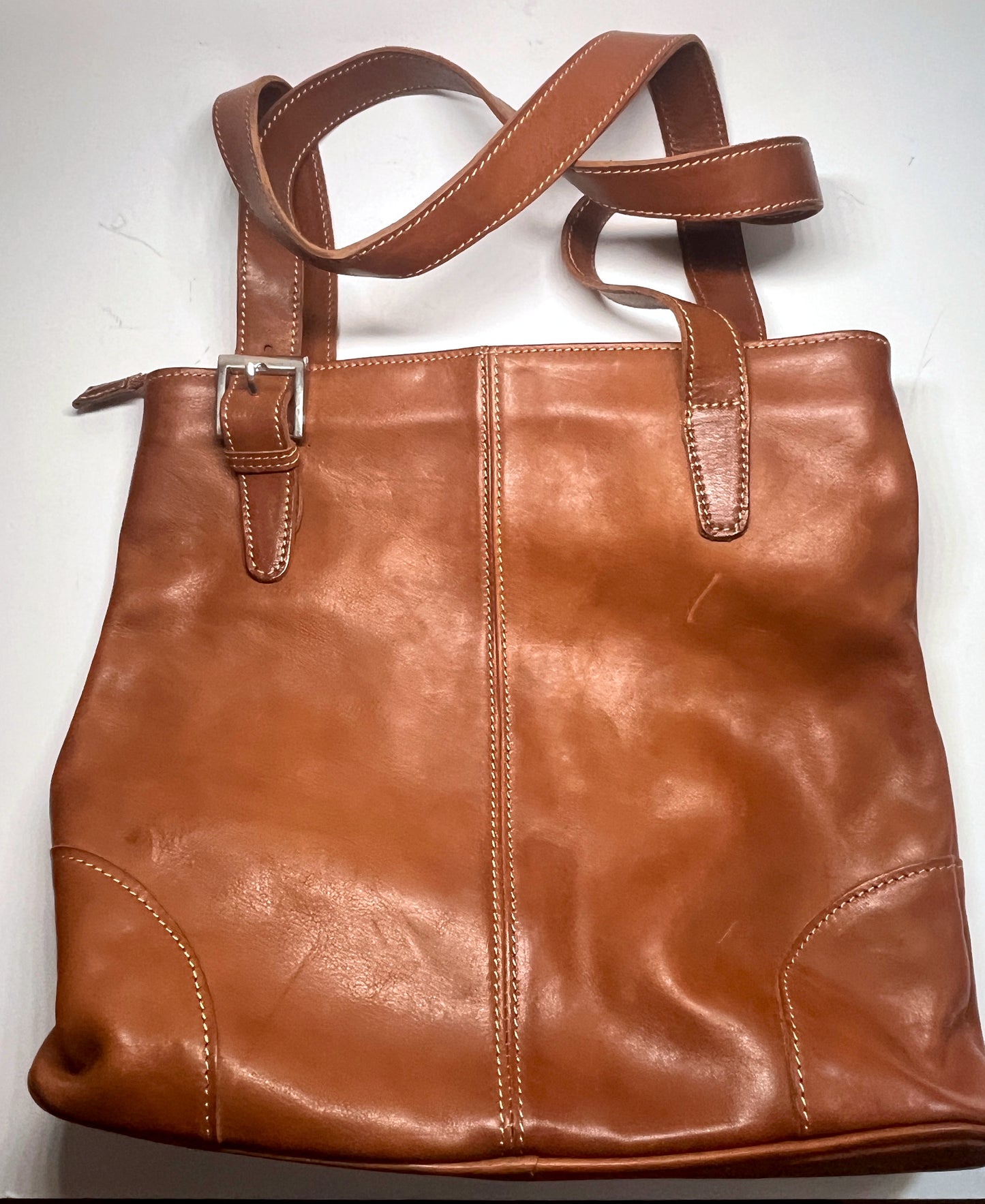 Floto Handmade Italy Brown Leather Tote Shoulder Bag Striped Lining Buckle Zip