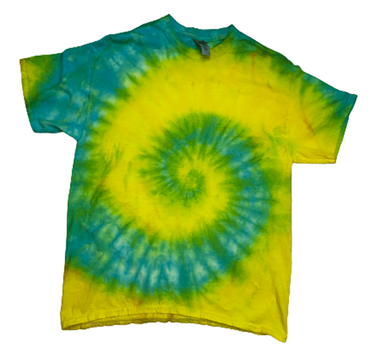 Hand-Dyed Sunburst Spiral Tee — Yellow & Blue