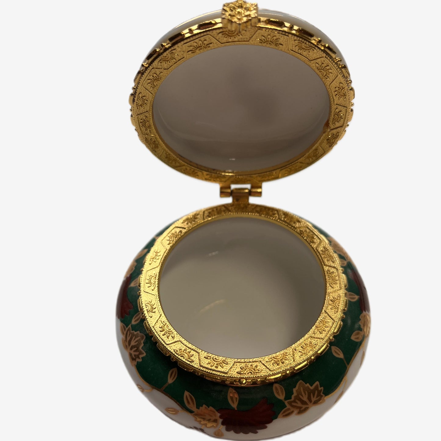 Vintage Porcelain Trinket Box – Green, White & Gold Gilt Grape Motif, Hinged Lid