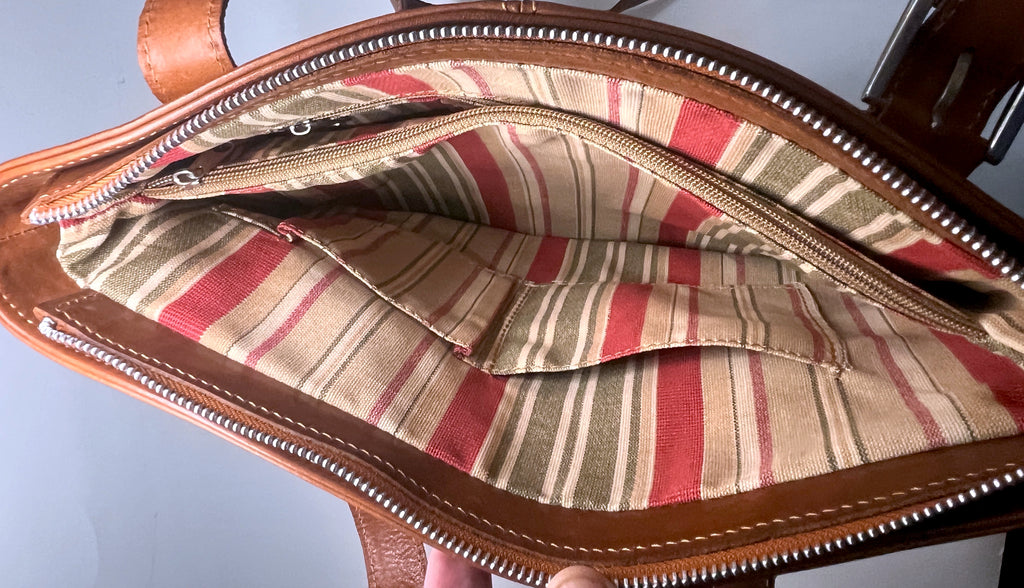 Floto Handmade Italy Brown Leather Tote Shoulder Bag Striped Lining Buckle Zip