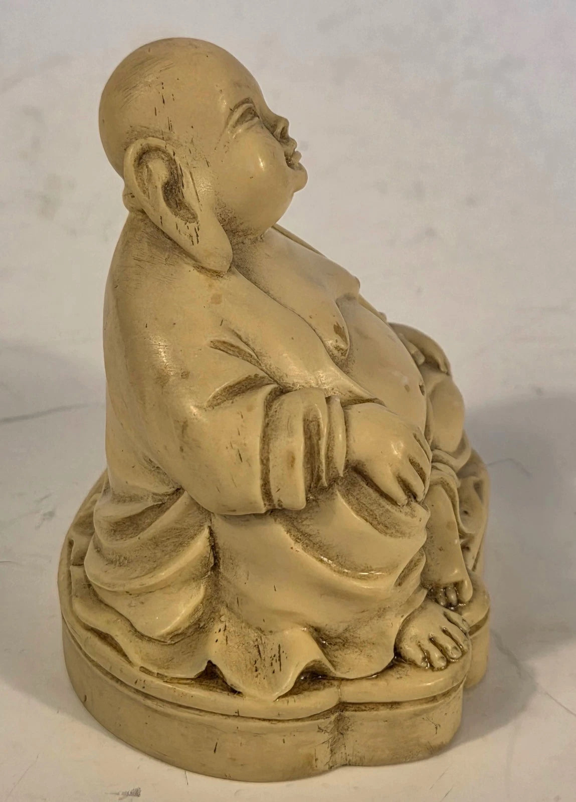 Vintage Laughing Buddha Statue Figurine Budai Asian Decor Cream Finish