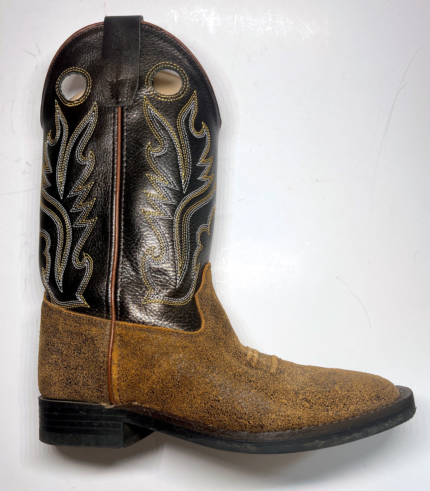 Old West Youth Boys Cowboy Boots BSY1878 Brown Leather Square Toe Size 5 EUC
