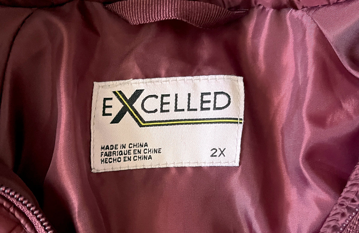 Excelled Womens Burgundy Hooded Puffer Jacket Full Zip Lightweight 2X Plus Size