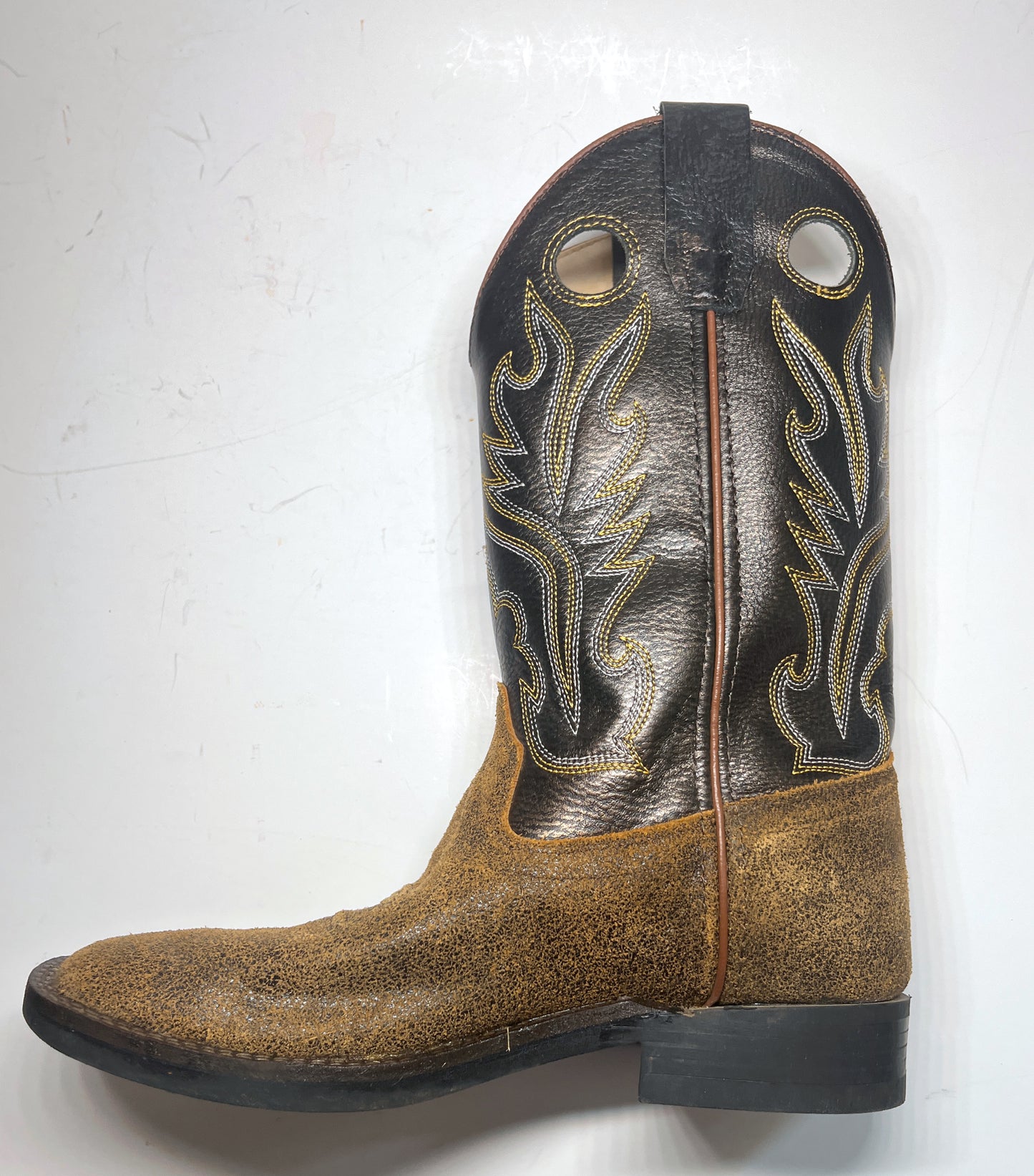 Old West Youth Boys Cowboy Boots BSY1878 Brown Leather Square Toe Size 5 EUC