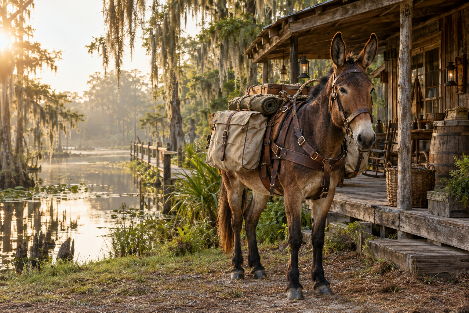 Rustic mercantile scene with a pack mule
