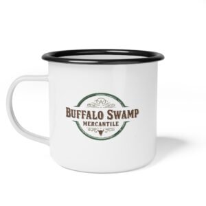 Buffalo Swamp Mercantile Enamel Camp Cup — Retro Rustic Outdoor Coffee Mug