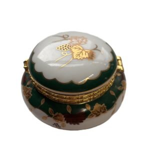 Vintage Porcelain Trinket Box Green White Gold Gilt Hinged Jewelry Box